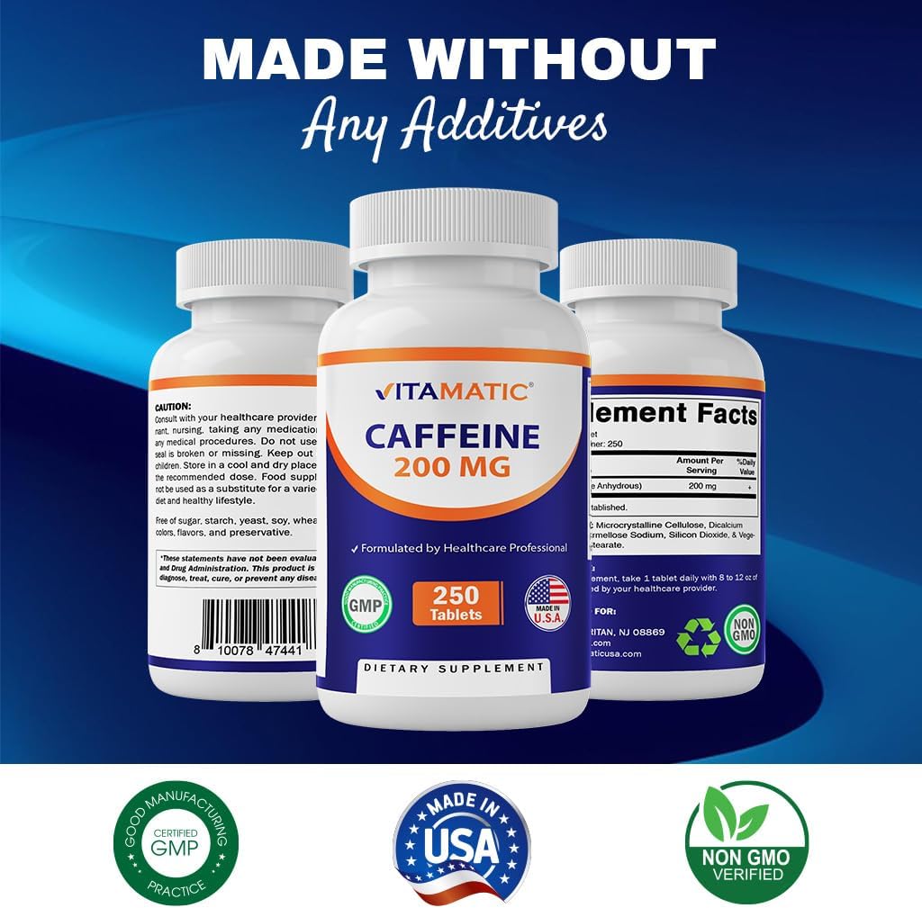 Píldoras de Cafeína Vitamatic 200mg, 250 Tabletas Vegetarianas