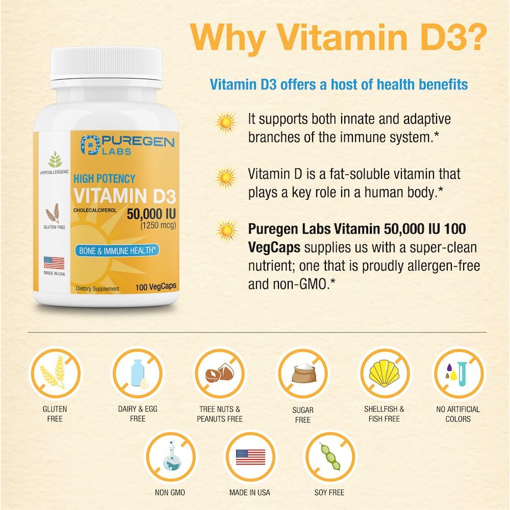 Vitamin D3 50,000 IU Puregen Labs, 100 Cápsulas Vegetales