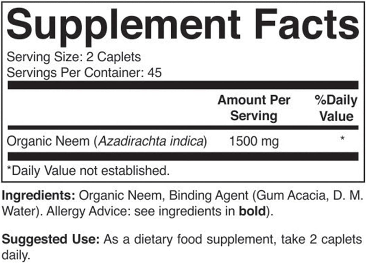 Suplemento Neem orgánico 1500 mg 45 porciones vegetariano