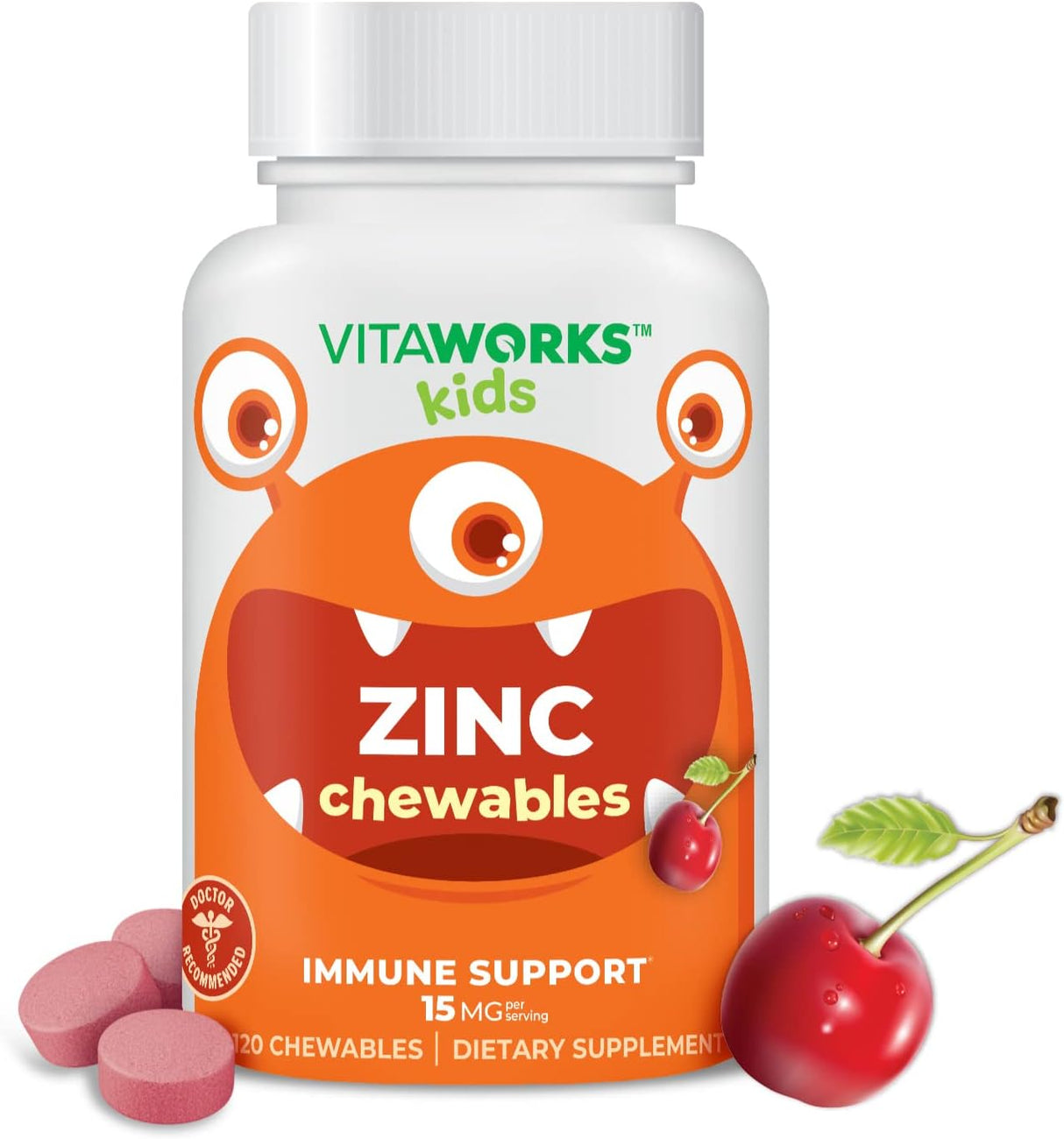 VitaWorks Tabletas masticables de zinc para niños, 15 mg, sabor natural a cereza, veganas, vegetarianas, sin OMG, sin gluten, vitaminas sin nueces, suplemento dietético para apoyo inmunológico, para niños, 120 masticables