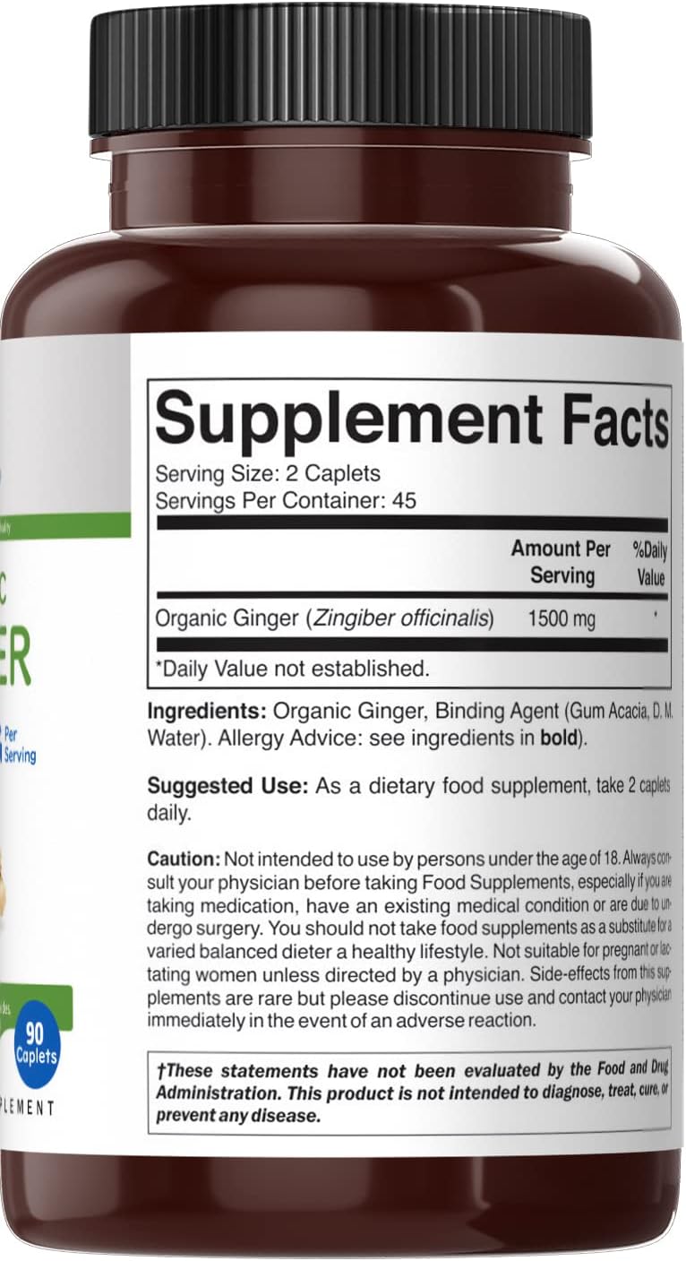 Suplemento Jengibre orgánico 1500 mg, 45 porciones 90 table
