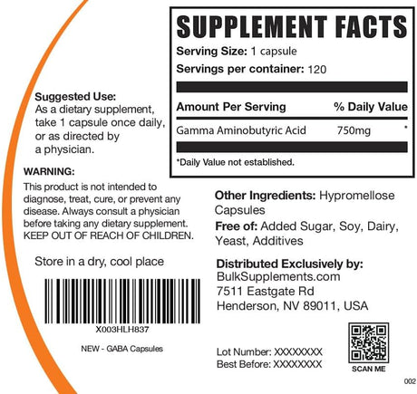 Suplemento BulkSupplements Cápsulas GABA de 750 mg  120 und
