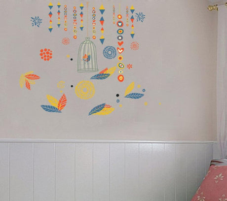 BIBITIME Pegatina de vinilo con diseño geométrico colorido, rombo, pájaro, pájaro, pared, hojas, para sala de estar, guardería, dormitorio, habitación de niños, decoración del hogar, mural de arte DIY