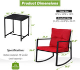 SUNCROWN Juego de 3 piezas de bistró mecedora para exteriores, muebles de mimbre negro, sillas de porche, juegos de conversación con mesa de café de cristal, color rojo