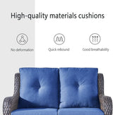 Belord Juego de muebles de mimbre para exteriores, juego de muebles de patio de 6 piezas con sillas mecedoras giratorias, sofá biplaza, otomanas y mesa auxiliar, cojín azul