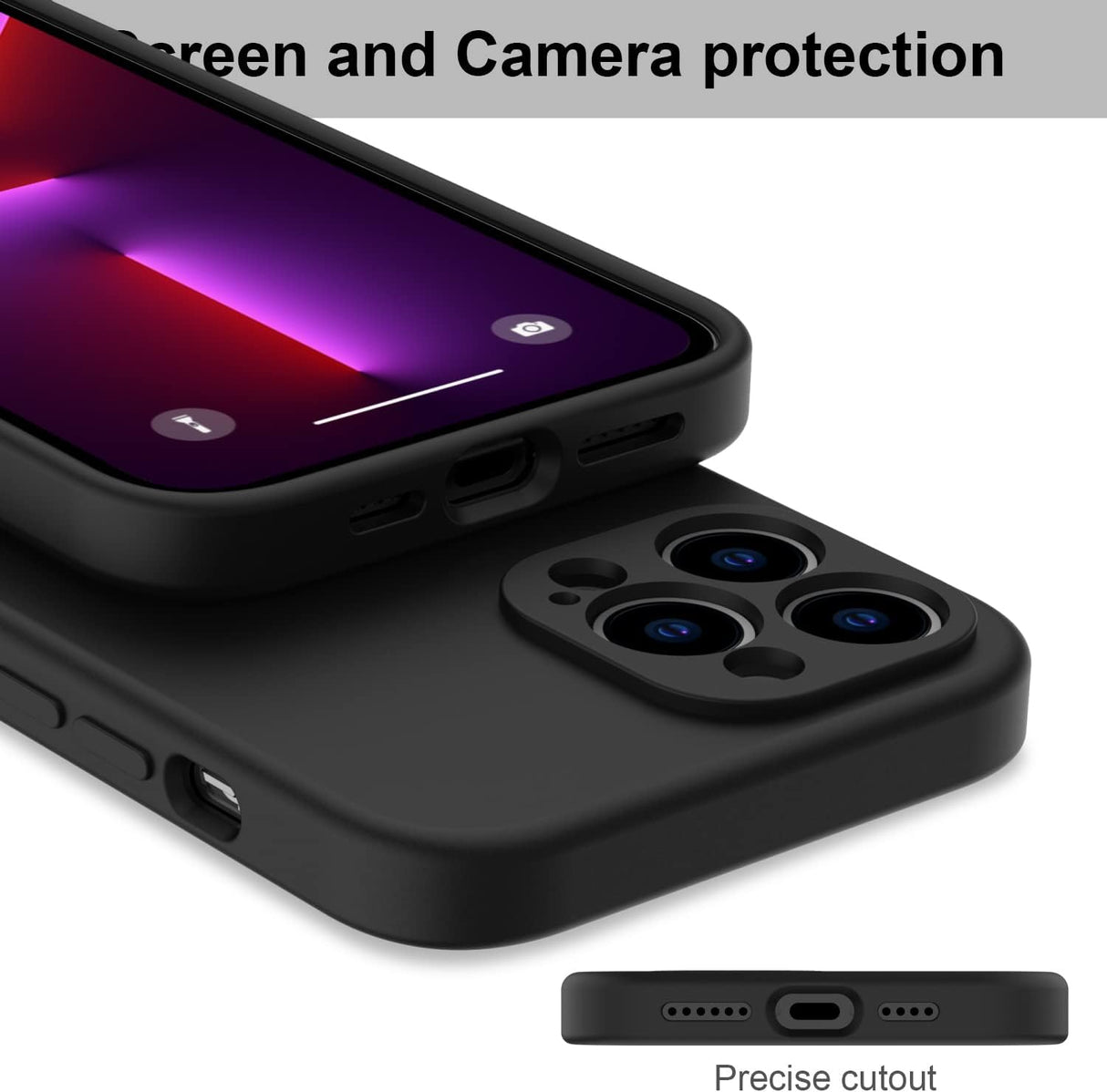 DEENAKIN Funda para iPhone 13 Pro Max con protector de pantalla, cubierta de goma de gel de silicona líquida suave y duradera para iPhone 13 Pro Max de 6.7 pulgadas, color negro