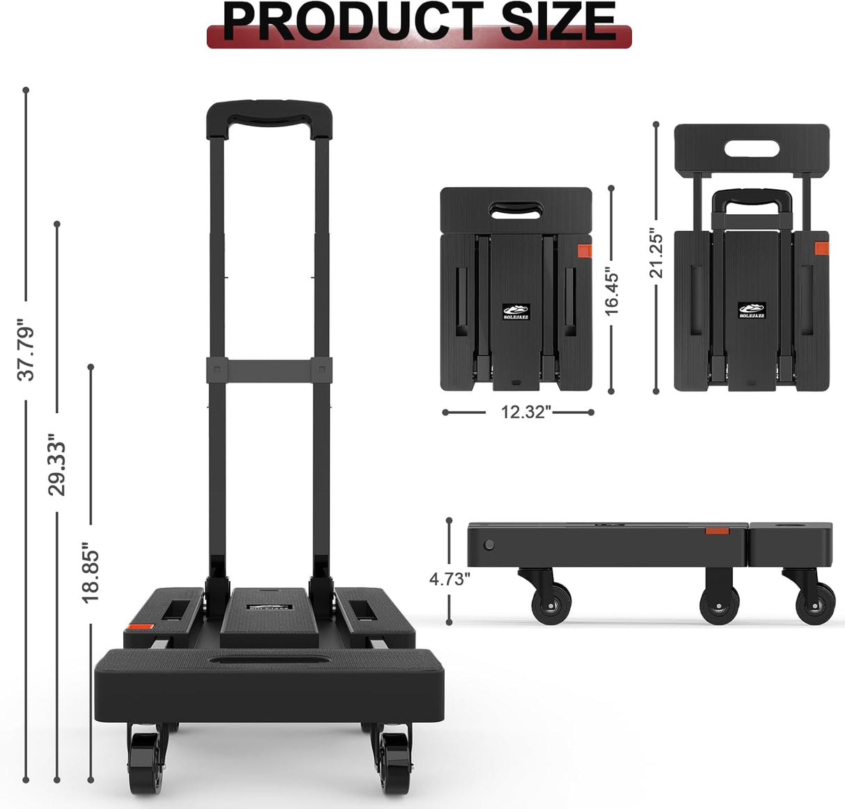 Carretilla Plegable SOLEJAZZ 500LB, 6 Ruedas, 2 Cuerdas Bungee