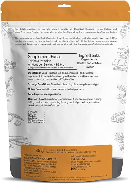 Suplemento Just Jaivik Triphala en polvo 100% orgánico 227g