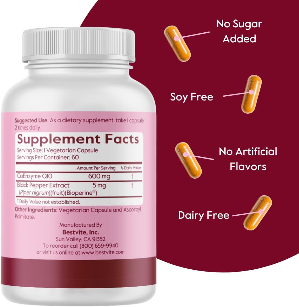 BESTVITE CoQ10 600mg Vegano con Bioperine - 60 Cápsulas
