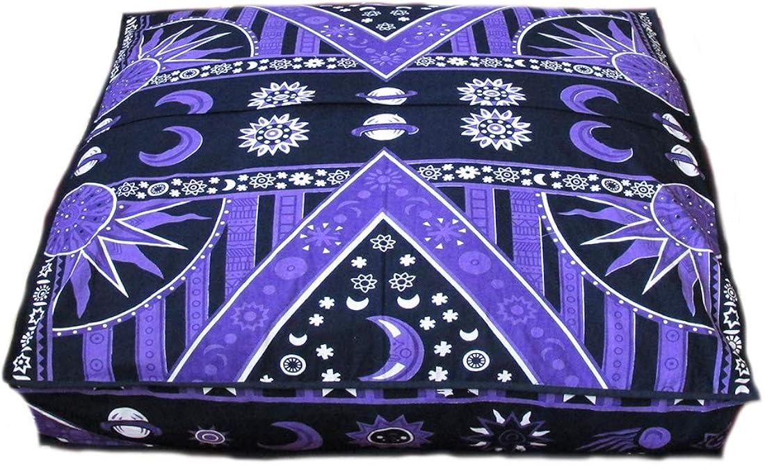 ICC Large Square Floor Pillow Cover Hippie Ottoman Pouf Cover Daybed Cotton Mandala Cushion Cover with Heavy Duty Zipper Seating Ottoman Poufs Dog-Pets Bed (Purple Burning Sun, 35&#34; Square)