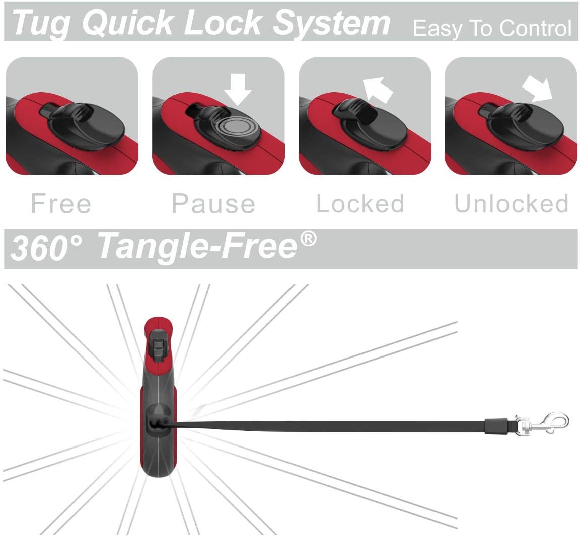 Correa retráctil 360º para perros, Rojo T007-MR TUG