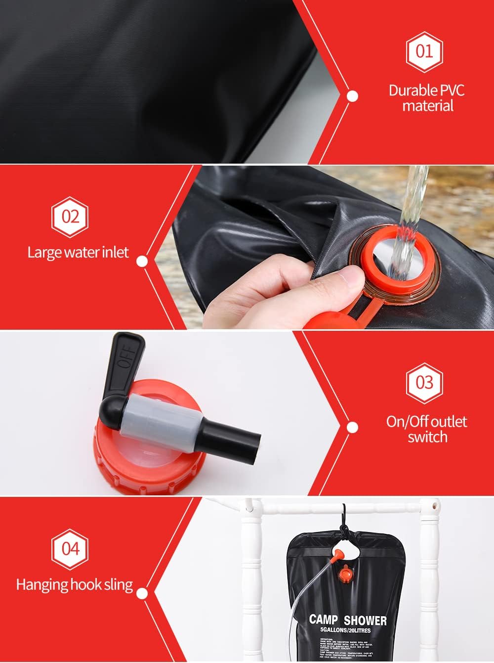 Bolsa de Ducha Solar 20L con Manguera y Cabezal Desmontable