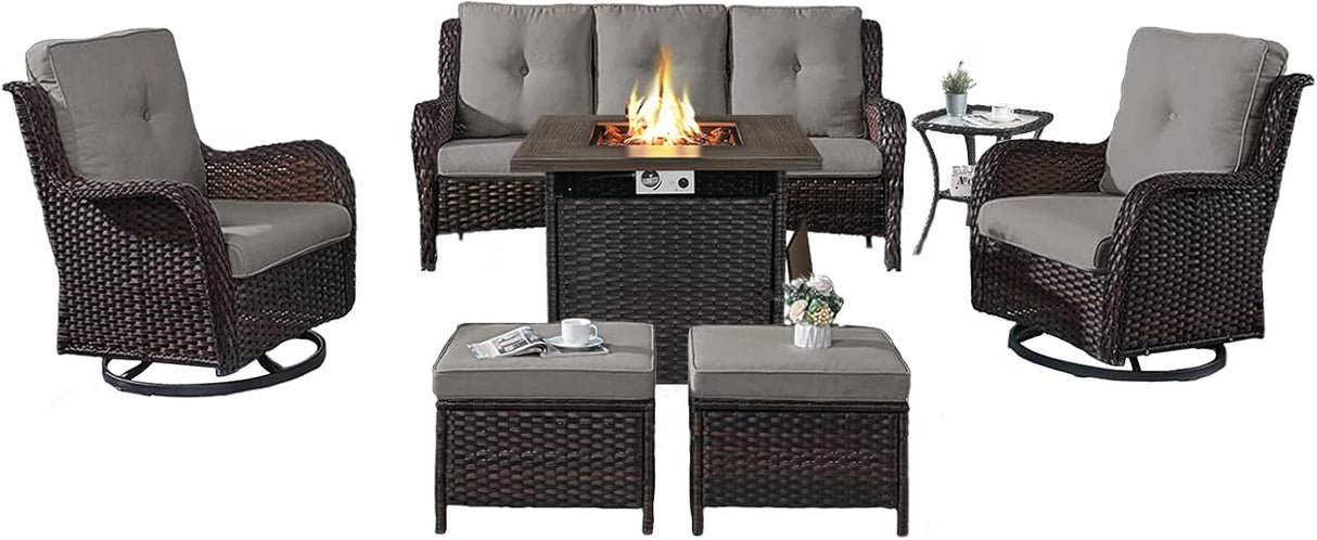 Belord Juego de muebles de patio al aire libre con mesa para fogata de propano, juego de conversación de mimbre de 7 piezas con 2 sillas giratorias mecedoras deslizantes, sofá de ratán, cojín gris,