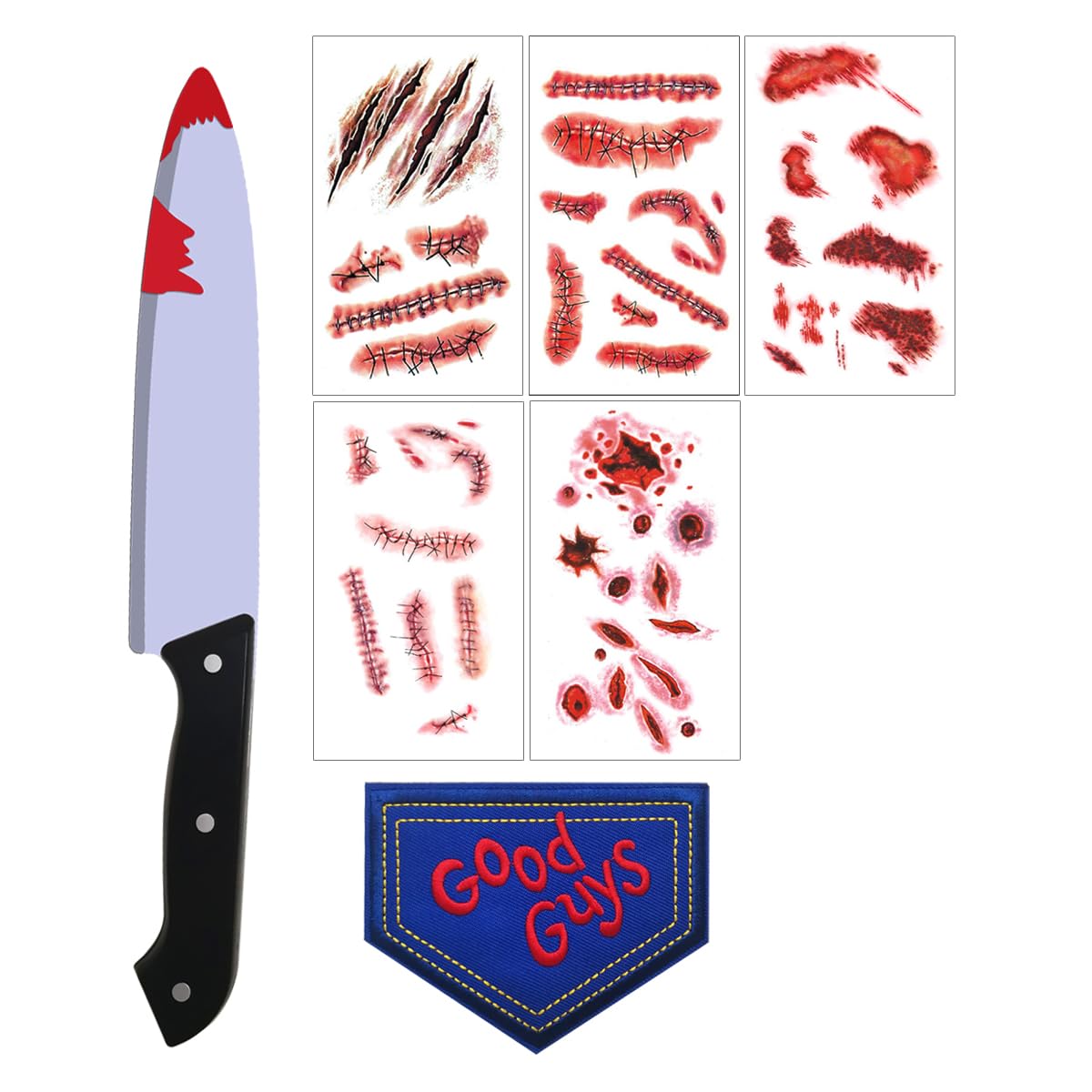 7Pcs Accesorios de Halloween, Cuchillo Falso, Parche, Tatuajes