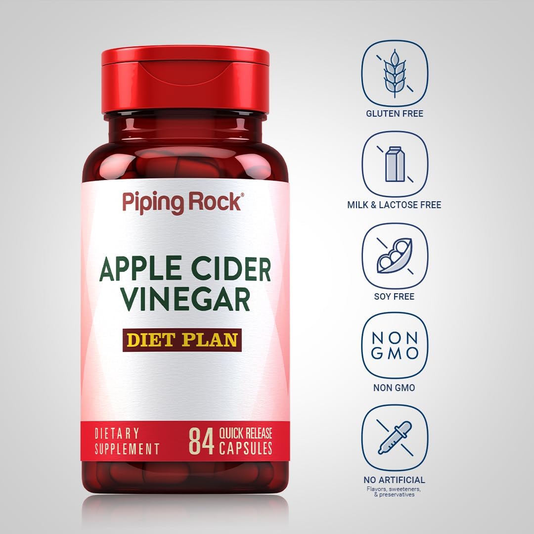 Piping Rock Cápsulas de vinagre de sidra de manzana | 84 píldoras | con vitamina B12, cromo y cayena | Suplemento sin OMG, sin gluten