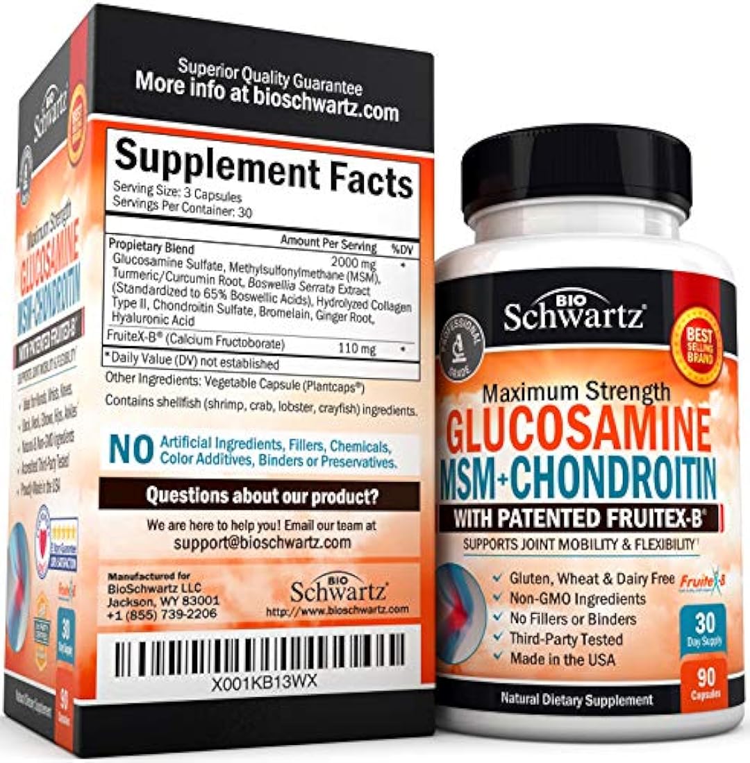 Glucosamina condroitina MSM cúrcuma para alivio del dolor de cadera, articulación y espalda. Suplemento antiinflamatorio con ácido hialurónico, colágeno, boswellia, bromelina y fruitex-B. Sin gluten ni OMG.