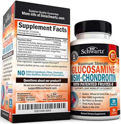Glucosamina condroitina MSM cúrcuma para alivio del dolor de cadera, articulación y espalda. Suplemento antiinflamatorio con ácido hialurónico, colágeno, boswellia, bromelina y fruitex-B. Sin gluten ni OMG.
