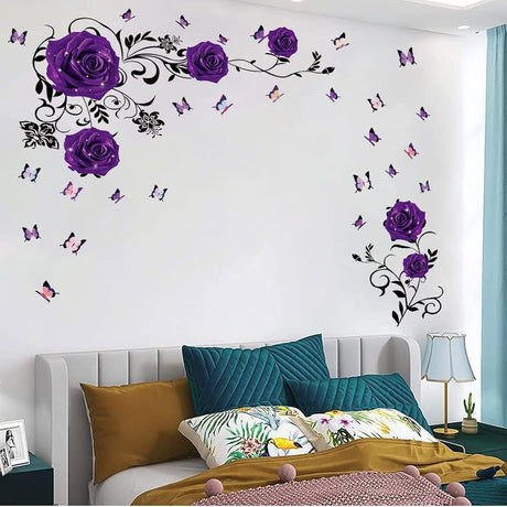 Supzone Pegatinas de pared de rosas moradas diseño de flores y vides, decoración de pared floral de peonía morada, arte mural de vinilo para dormitorio, sala de estar, sofá, telón de fondo,