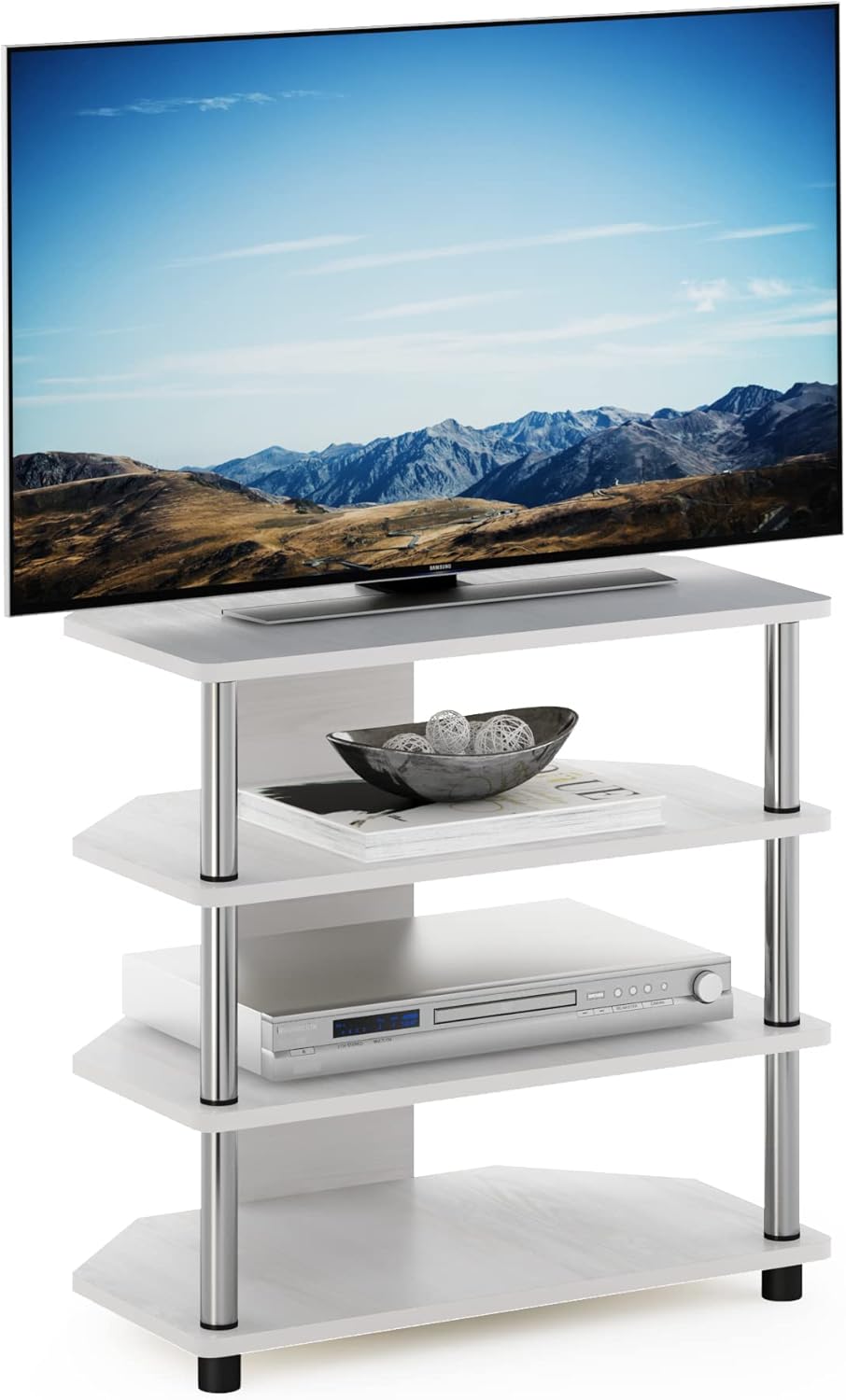 Soporte pequeño para TV con tubos de acero inoxidable, 4 niveles