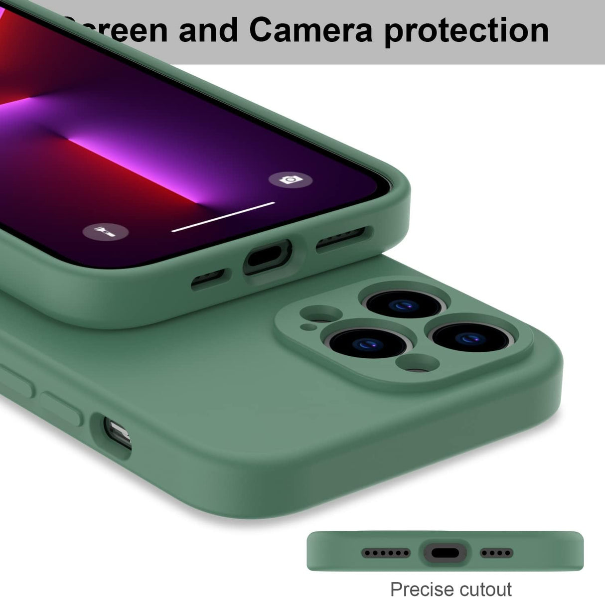 DEENAKIN Funda para iPhone 13 Pro Max con protector de pantalla, cubierta de goma de gel de silicona líquida suave y duradera para iPhone 13 Pro Max de 6.7 pulgadas, color verde oscuro
