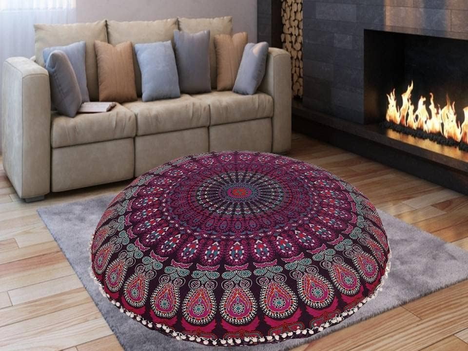 Funda bohemia para cojín, de 32 pulgadas, con diseño de mandala, para meditación, decorativa, otomana, grande, para exteriores, decoración del hogar, decoración de arte en el hogar, redonda, con pompones de algodón, cómoda