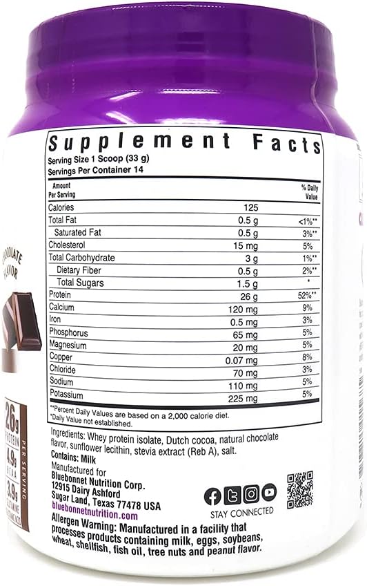 Proteína de Suero Aislada Bluebonnet, 26g, Sin Azúcar, 1lb