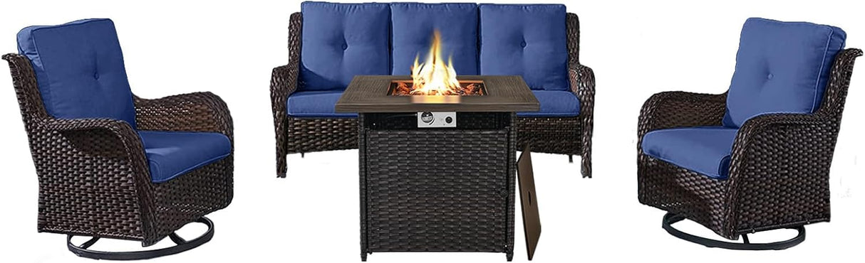 Belord Juego de muebles de patio al aire libre con mesa para fogata de propano de 50000 BTU, juego de conversación de mimbre para patio con 2 sillas giratorias mecedoras, sofá de ratán, cojín azul,