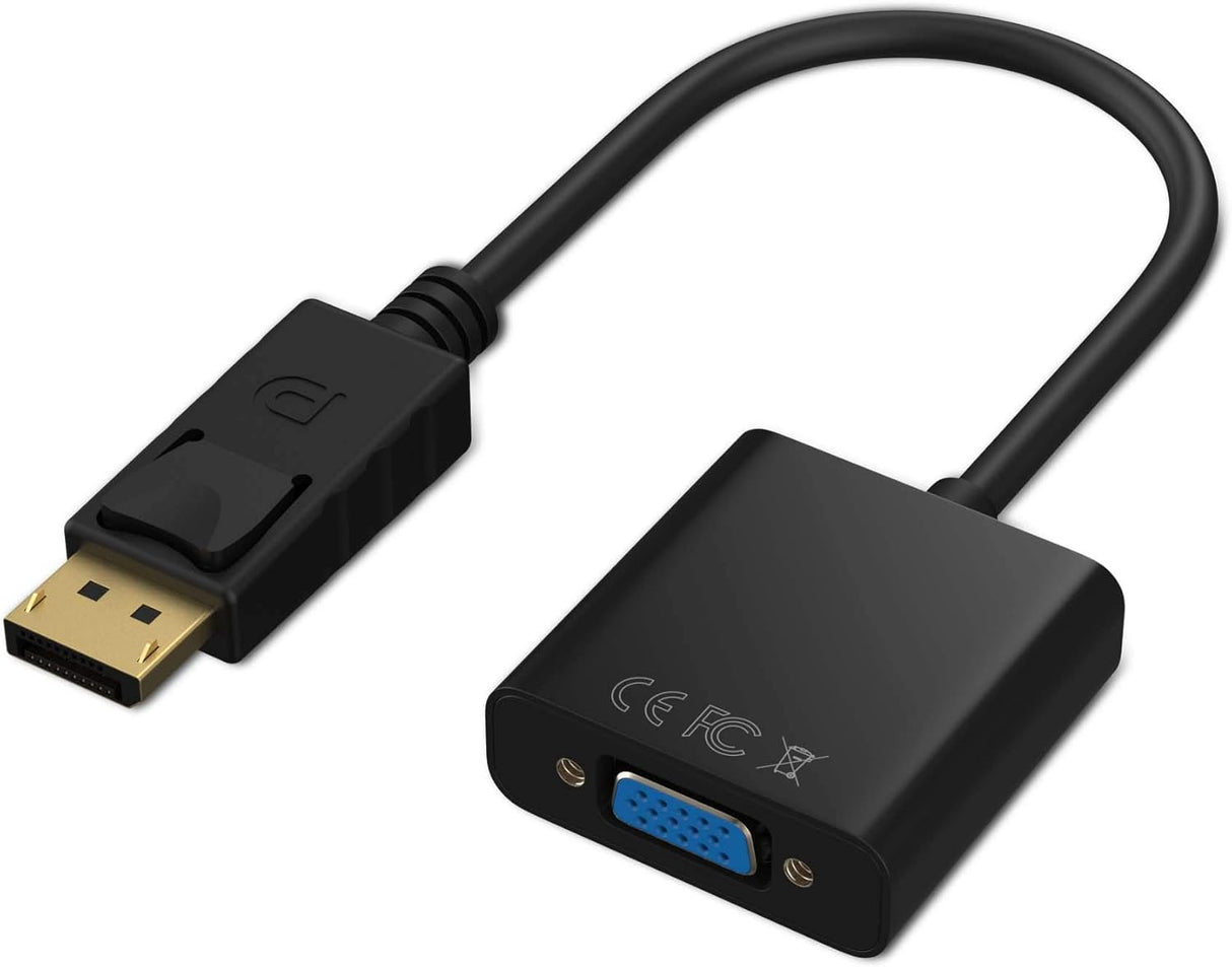 Adaptador DP a VGA, convertidor DisplayPort a VGA chapado en oro macho a hembra 1080P (negro)