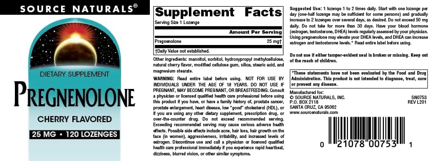 Suplemento de Pregnenolona 25mg - Source Naturals - 120 Lozenges