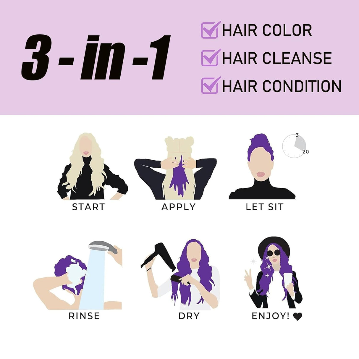 Champú de tinte para el cabello morado 3 en 1
