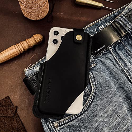 TobbinGear Funda de cuero para teléfono celular con clip para cinturón, bolsa de cuero para cinturón, funda universal de cuero para teléfono, soporte para iPhone, funda de teléfono celular, color negro mediano