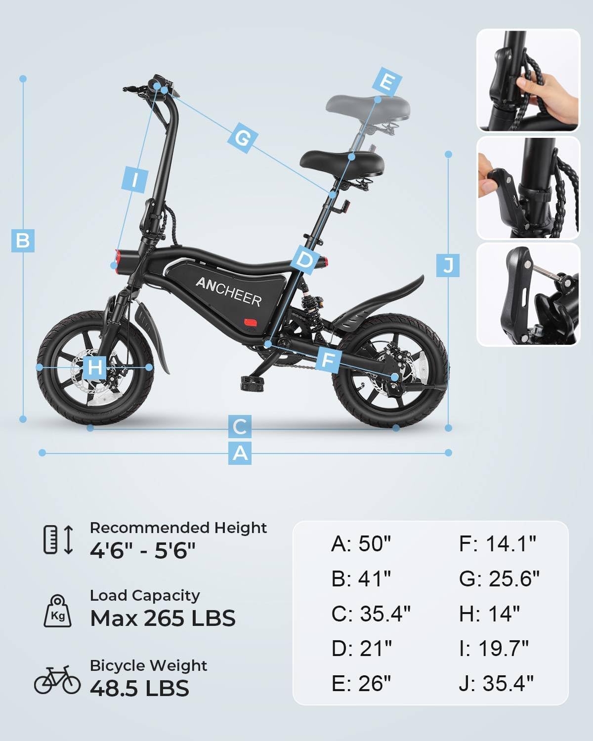 Bicicleta Eléctrica Plegable ANCHEER 14, 350W, 22MPH, UL 2849