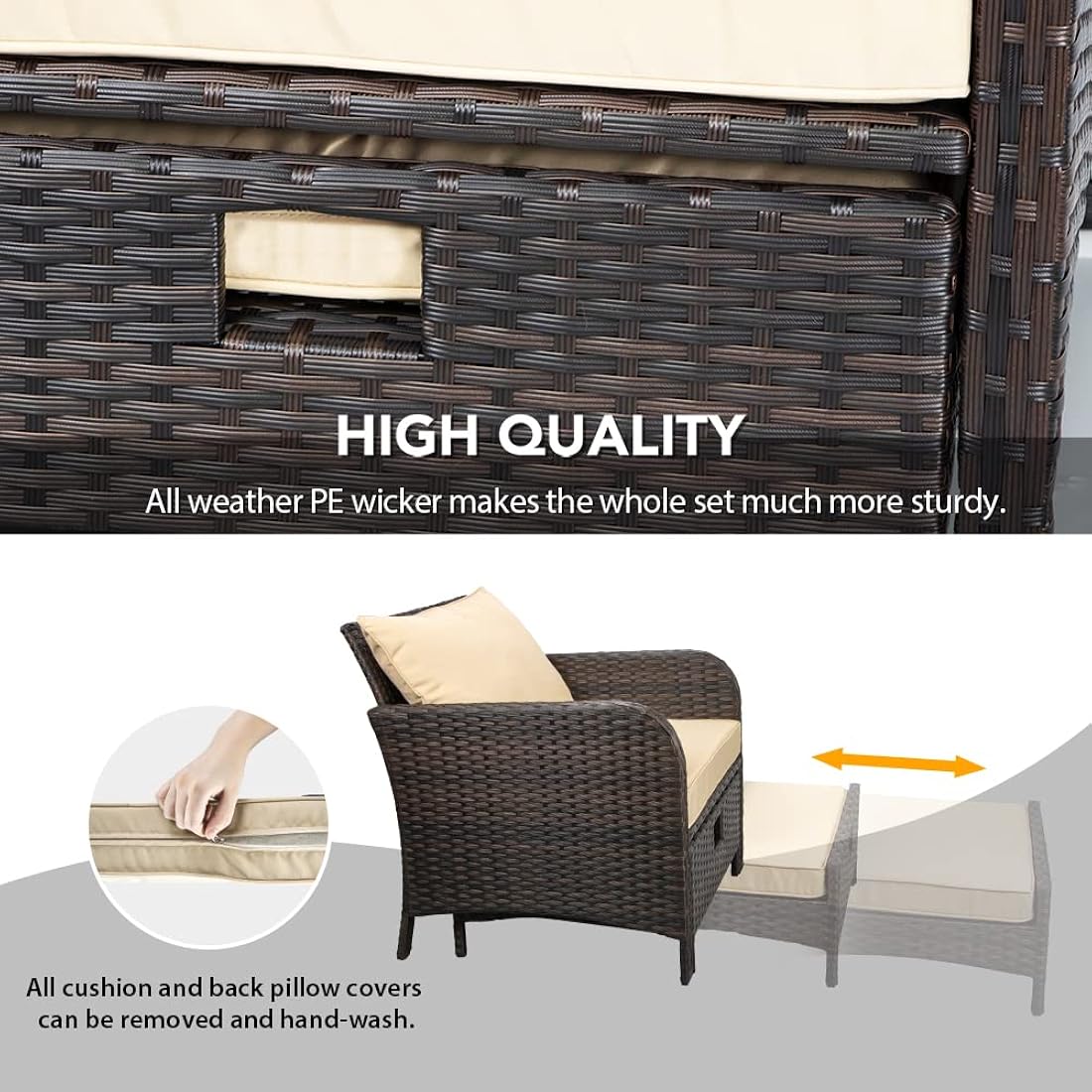 LEVELEVE Balcony Furniture - Juego de 5 piezas para conversación de patio, sillas de mimbre de polietileno para exteriores con cojines suaves, 2 otomanas y mesa de cristal para porche, mimbre marrón