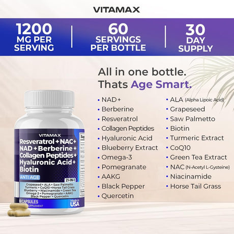 Suplemento Resveratrol NAD+ Berberina ácido hialurónico