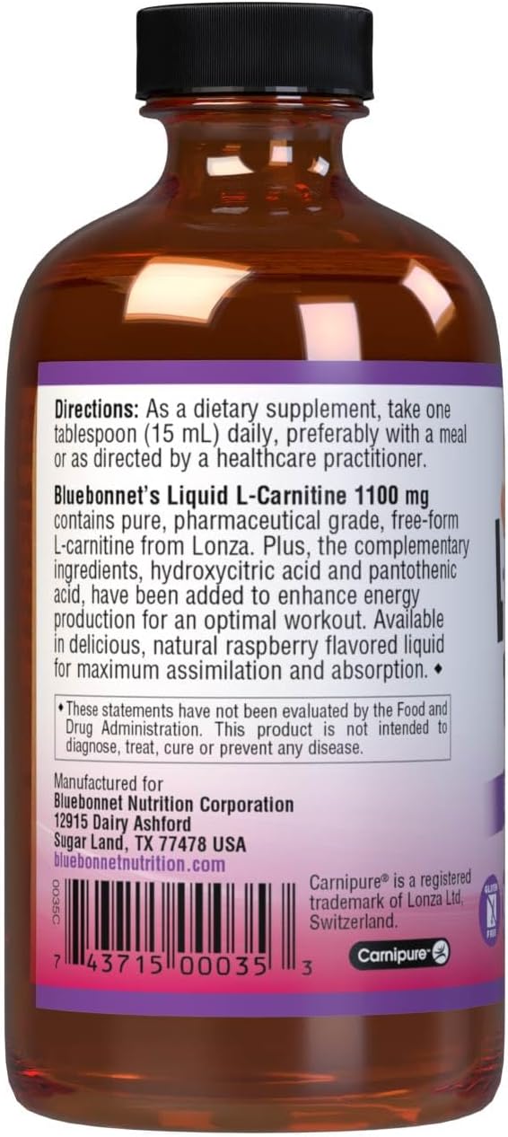 L-Carnitina Líquida 1100 mg, Bluebonnet, 8 onzas, Frambuesa