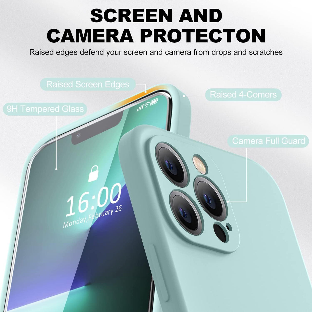 BossKiss Funda compatible con iPhone 13 Pro Max, funda de silicona líquida de alta calidad [tacto aterciopelado] [2 protectores de pantalla de vidrio templado 9H], funda de kit de protección completa a prueba de golpes, color menta