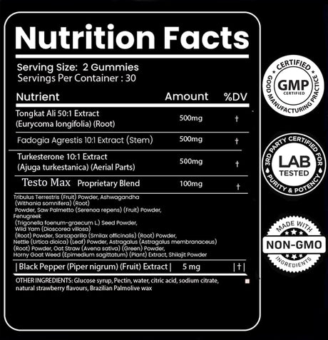 Suplemento de Testosterona Gummies Masculinos, 10x Fuerza, 60u
