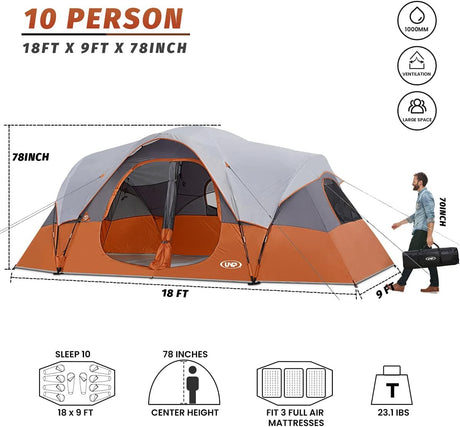 Tienda de campaña UNP 10 personas, doble capa, impermeable, 2 habitaciones