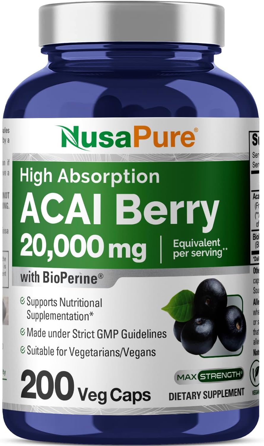 Cápsulas de Acai Berry 20000mg NusaPure | 200 Veggie Caps