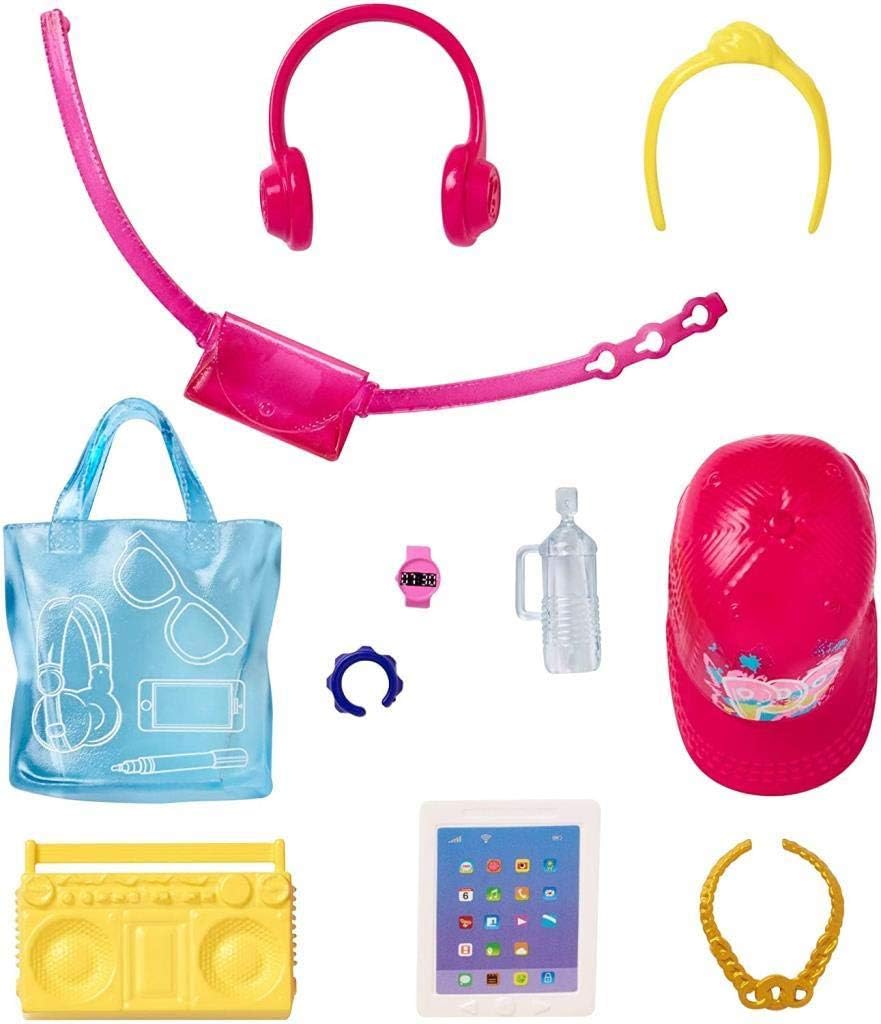 Kit de accesorios Barbie: boombox, audífonos, tablet, bolso y botella GHX34