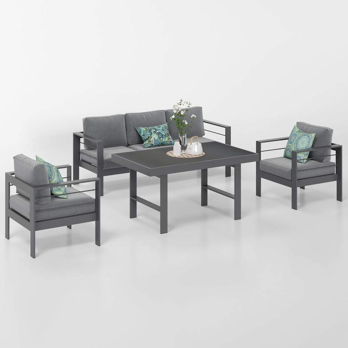 Solaste Juego de muebles de aluminio para patio, 4 piezas, moderno juego de conversación al aire libre, sofá con cojín mejorado y mesa de comedor, color blanco