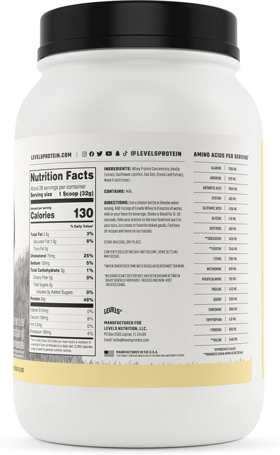 Proteína de Suero Grass Fed, Levels, 24G, 2LB, Sin Artificiales