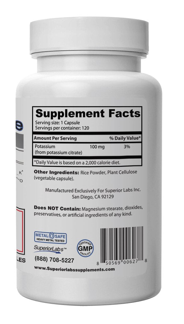 Suplemento de citrato de potasio Dosis de 100 mg 120 cápsulas