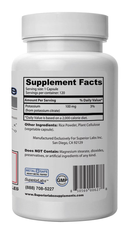 Suplemento de citrato de potasio Dosis de 100 mg 120 cápsulas