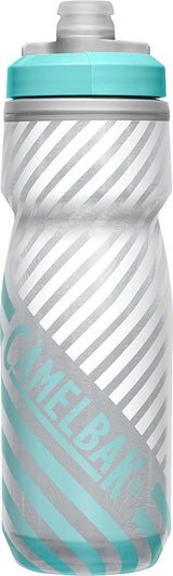 CamelBak Podium Chill Botella de agua aislada para bicicleta, botella fácil de apretar, se adapta a la mayoría de jaulas de bicicleta, 21 onzas, rayas gris/verde azulado