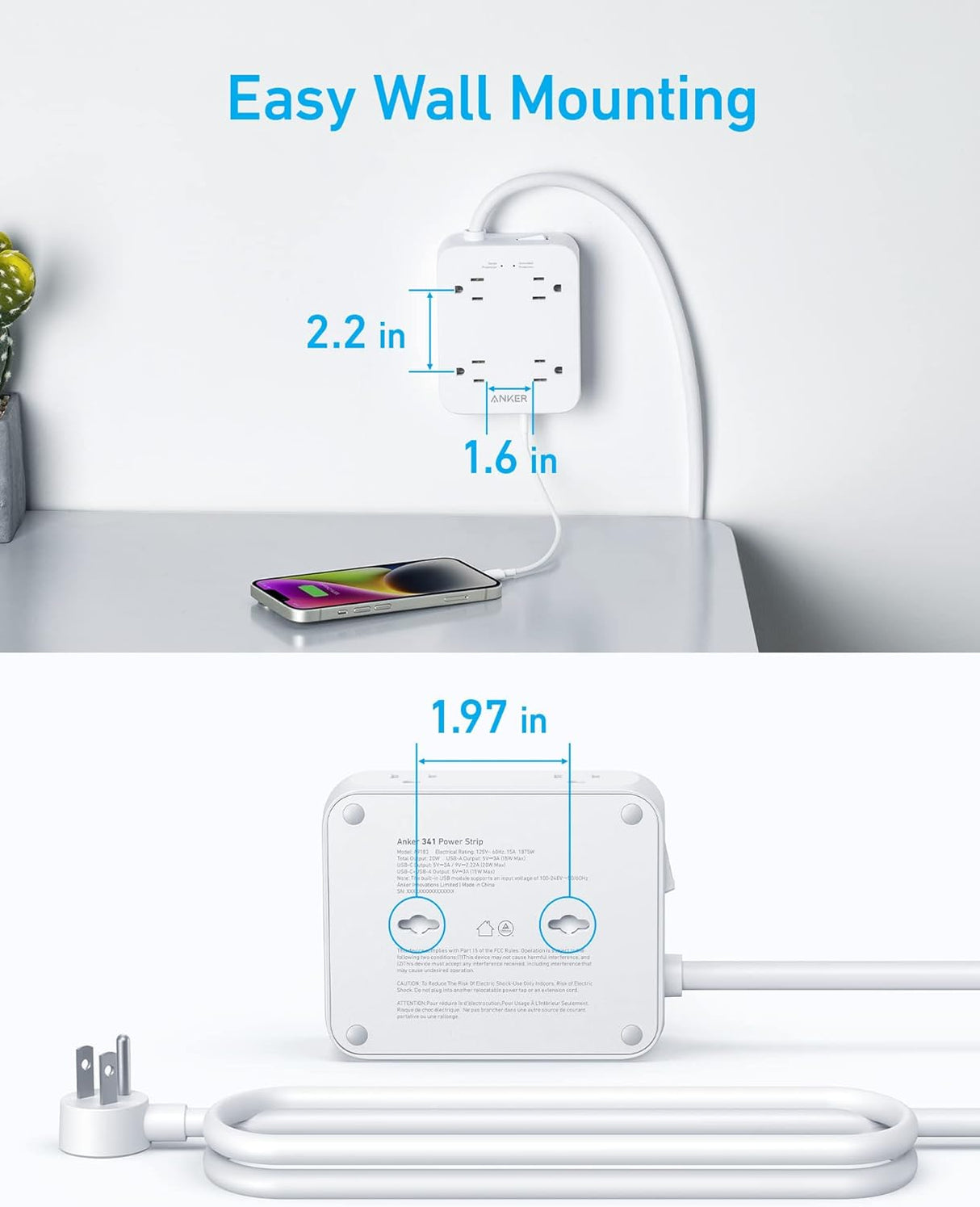 Anker Regleta de alimentación con puertos USB, 5 pies, protector