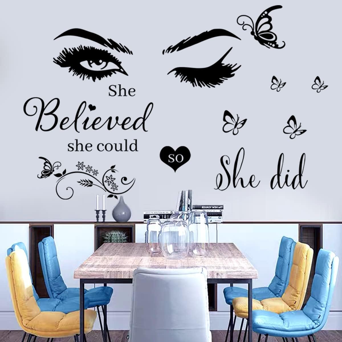 Adhesivo de pared de vinilo con texto en inglés calcomanías de pared de mariposa para dormitorio, sala de estar, aula, oficina, habitación de niña y hogar