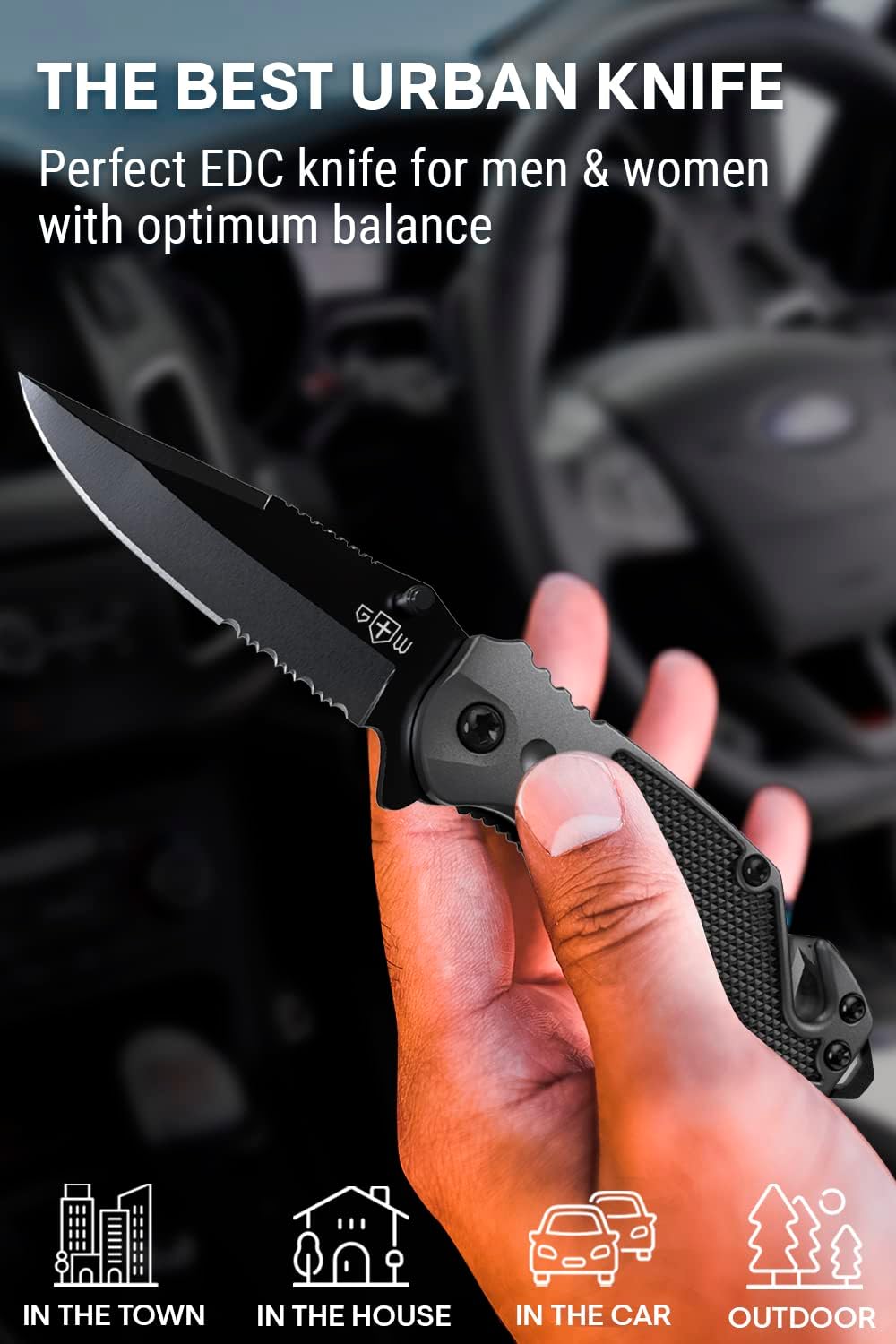 Cuchillo de bolsillo de hoja dentada plegable negro