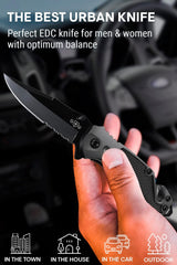 Cuchillo de bolsillo de hoja dentada plegable negro
