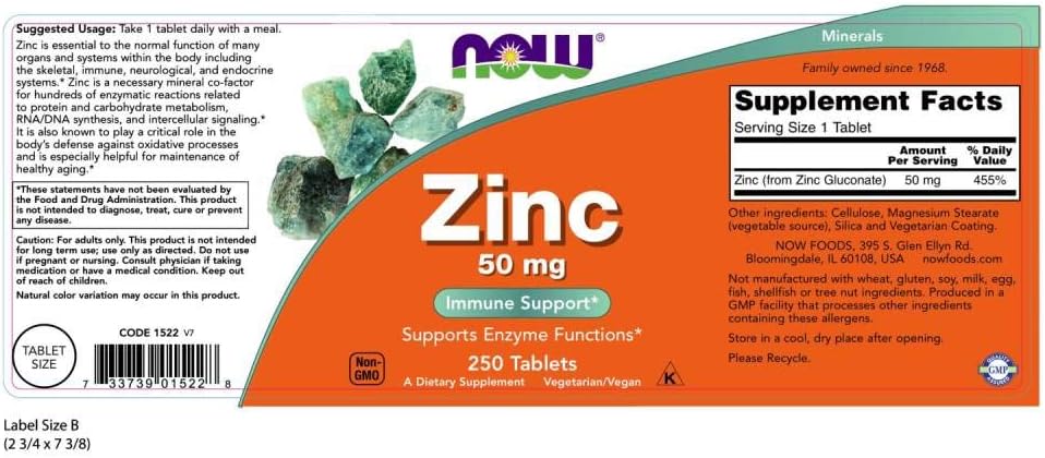 Suplementos NOW, Zinc 50 mg, 250 tabletas, Pack de 1